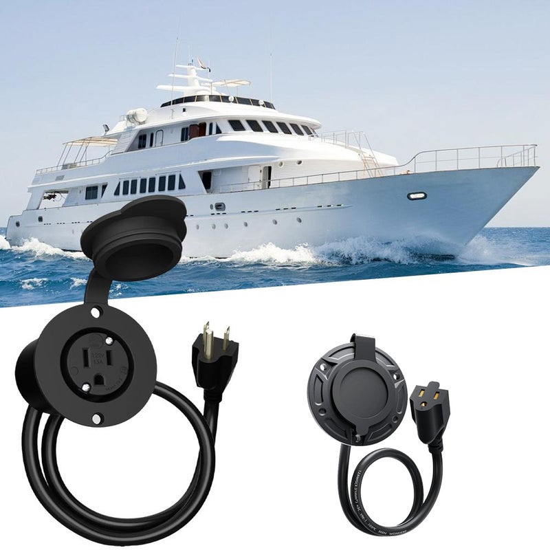 15A 125V AC Port Plug, RV Shore Power Inlet Charger Plug,12AWG Heavy-Duty RV Waterproof Shore Power Inlet Socket with 16" Extension Cord & Integrated Receptacle Box for RVs Trailers Boats (Black) - Image 1